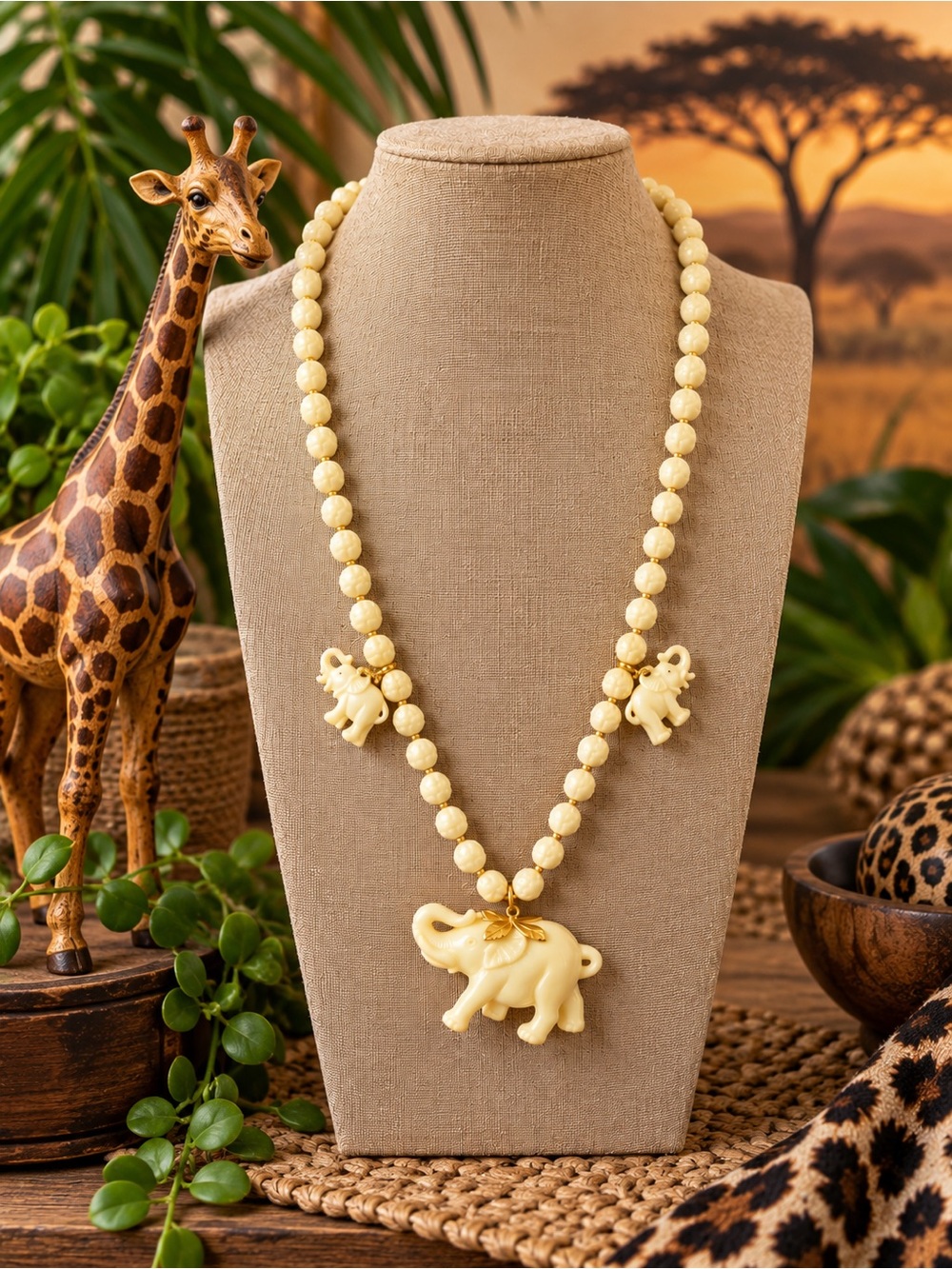 Elephant Pendant Necklace with Carved Beads Ivory Tone Safari Boho Jewelry